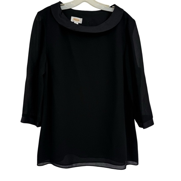 Talbots Black Semi Sheer Dressy Blouse Silk Collar Black 3/5 Sleeves Zip Size 16 - Picture 1 of 11
